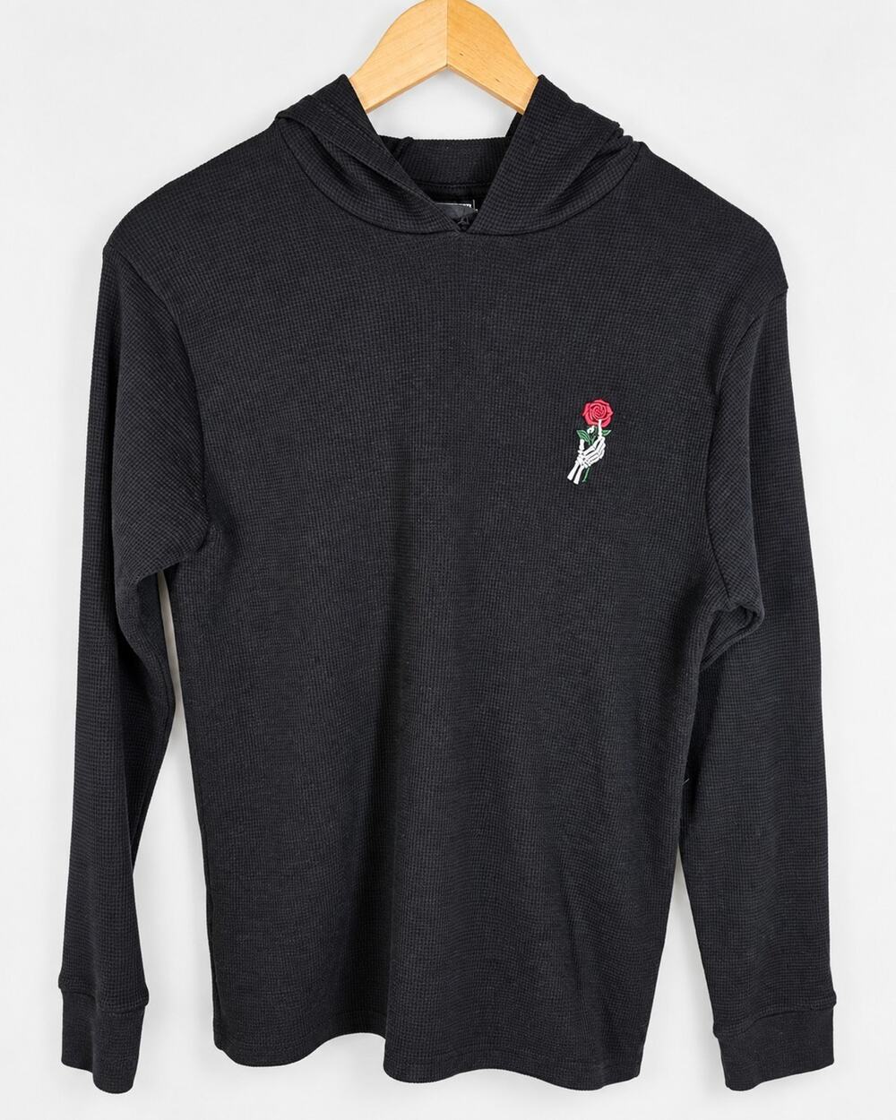 Public Record Men's L Gray Waffle Knit Hoodie Sweatshirt Pullover Skeleton Rose